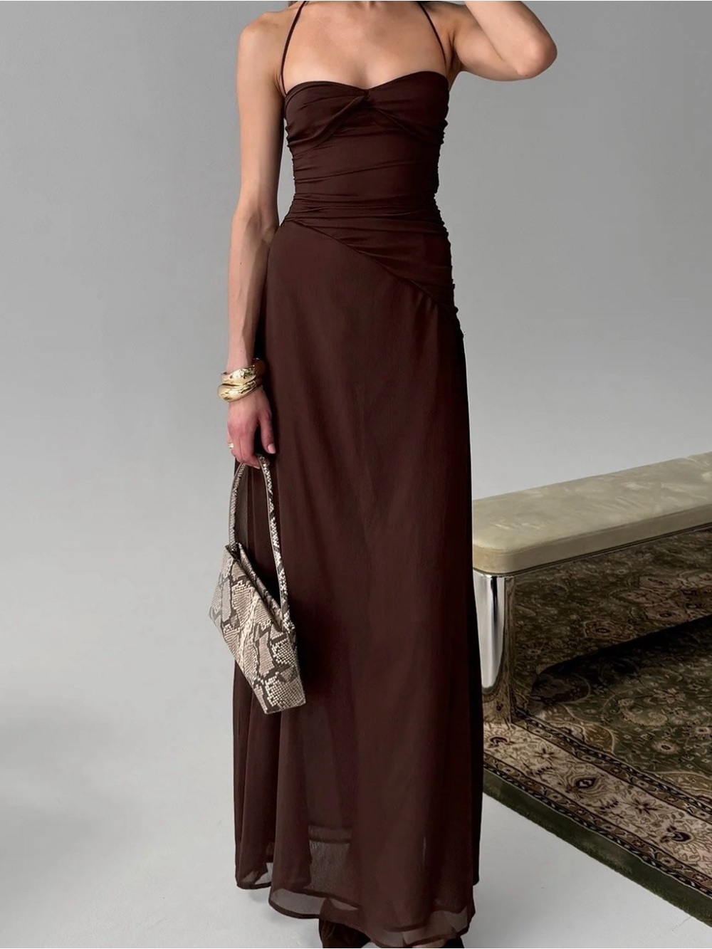 Elegant Brown Strapless Maxi Dress